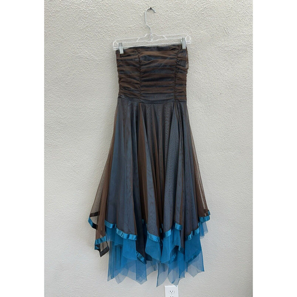 Water Signs Juniors Dress Size 9/10 Brown Blue Strapless Layered Homecoming VTG - Picture 1 of 13